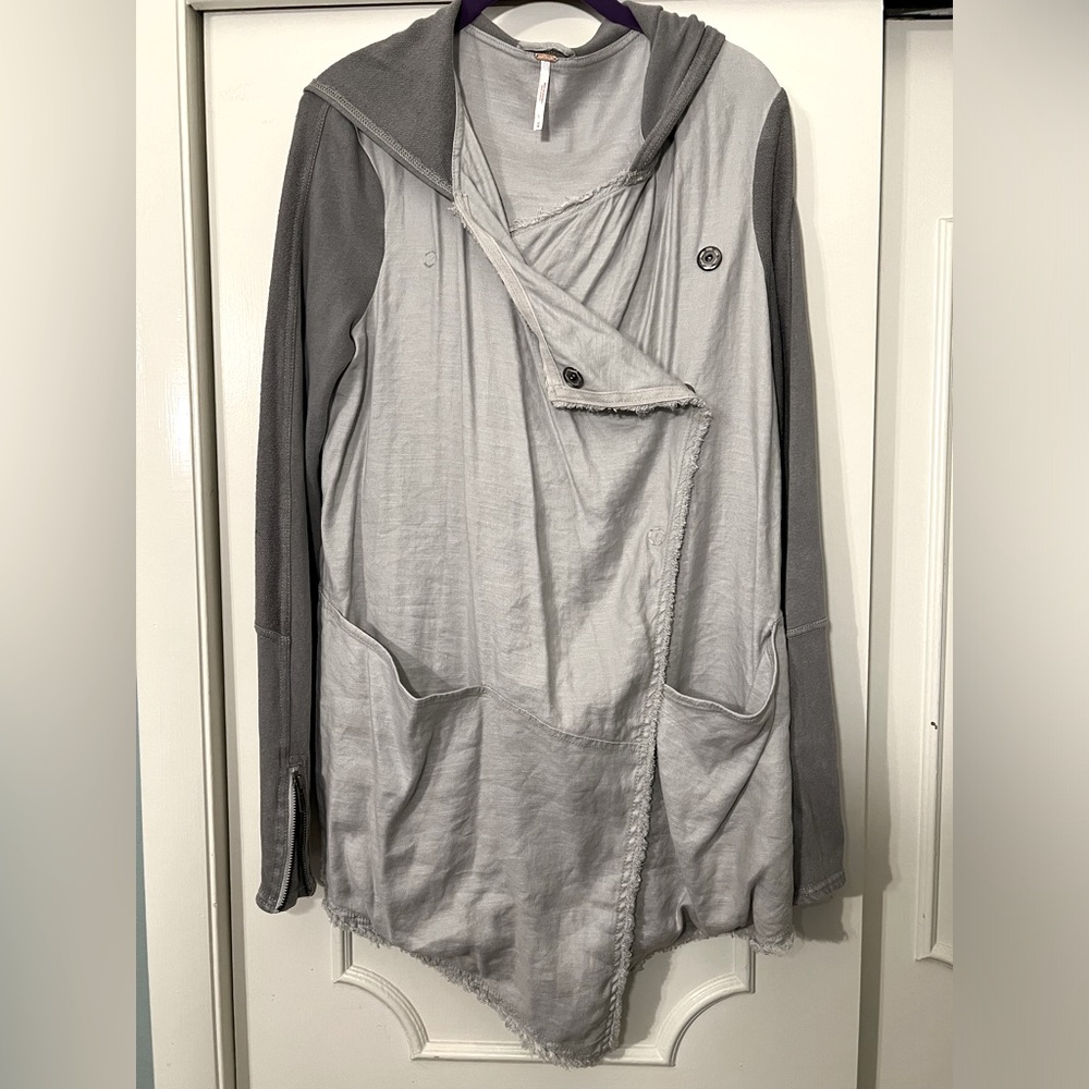 Free People BOHO Grey Hooded Trench Style Long Soft Jacket Frayed Edges Womens M